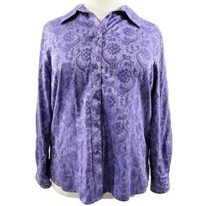 Foxcroft Non Iron Shaped Fit Purple Floral Button-Up Shirt 100% Cotton Comfy